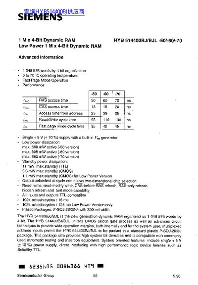 Siemens HYB 514400BJ/BUJL 1M x 4-Bit Dynamic RAM Datasheet - cover page