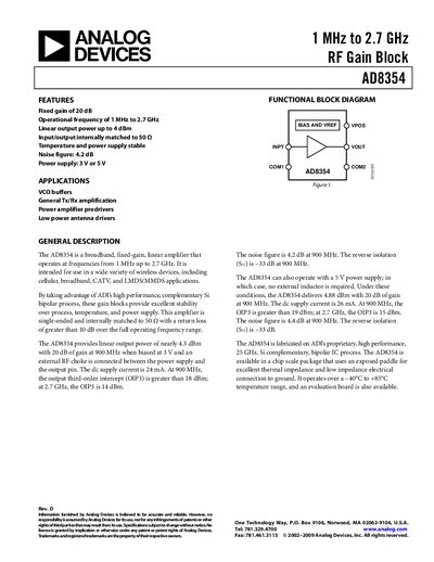 Analog Devices AD8354 RF Gain Block Datasheet - cover page