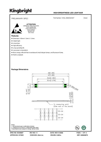 Kingbright KASL-4805ZG24S/7 LED Light Bar Datasheet