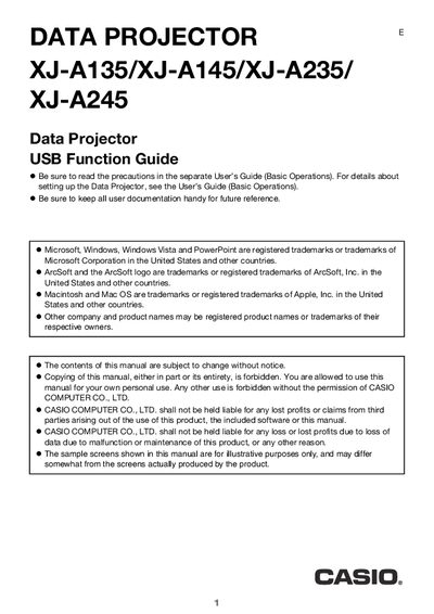 Casio XJ-A135/A145/A235/A245 Data Projector USB Function Guide