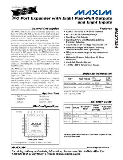 Maxim MAX7324 12‑bit I2C Port Expander Datasheet - cover page