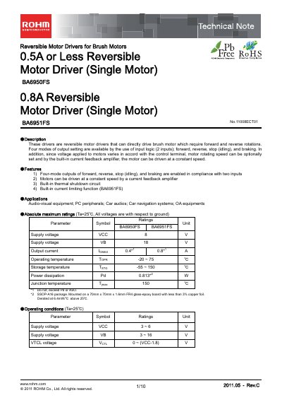 ROHM BA6951FS Motor Driver Technical Note - cover page