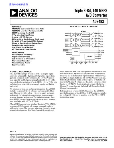 ANALOG DEVICES Triple 8-Bit 140 MSPS A/D Converter AD9483 handbook - cover page