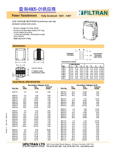 FILTRAN 4801‑4807 Fully Enclosed Power Transformers Product Leaflet - cover page