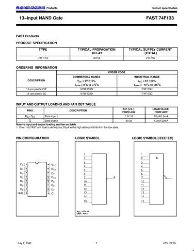 Philips Semiconductors FAST 74F133 13-Input NAND Gate Product Specification - cover page