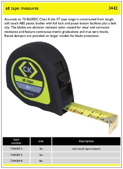 CK TOOLS - st tape measures item number size description T3442M 3 T3442M 5 T3442M 8 3m 5m 8m Accurate to 73/362 Manual - cover page