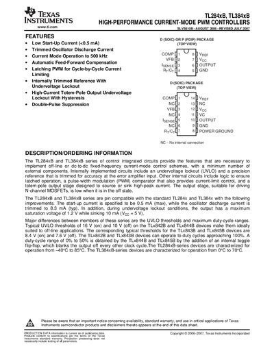 Texas Instruments TL284xB TL384xB High-Performance Current-Mode PWM Controllers Datasheet