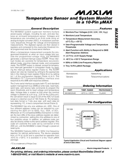 Maxim MAX6652 Temperature Sensor and System Monitor Datasheet - cover page