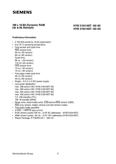 SIEMENS HYB 3164160T -50/-60 HYB 3165160T -50/-60 - cover page