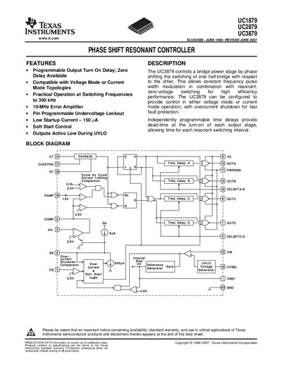 Texas Instruments UC1879/UC2879/UC3879 Phase Shift Resonant Controller Datasheet - cover page