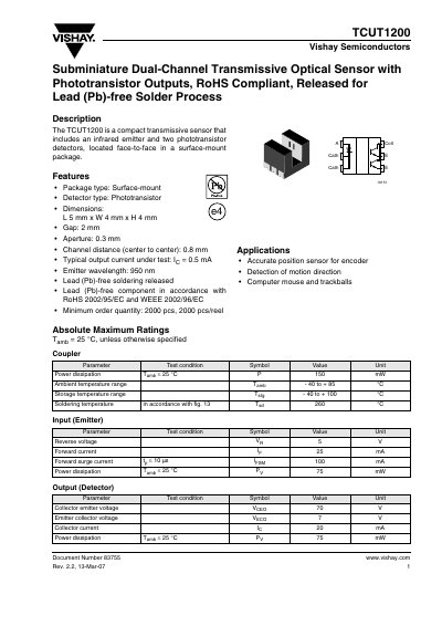 Vishay TCUT1200 Transmissive Optical Sensor Datasheet - cover page