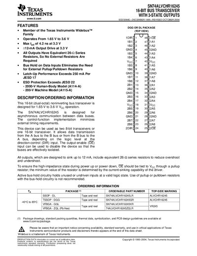 Texas Instruments SN74ALVCHR16245 16-bit Bus Transceiver Datasheet - cover page