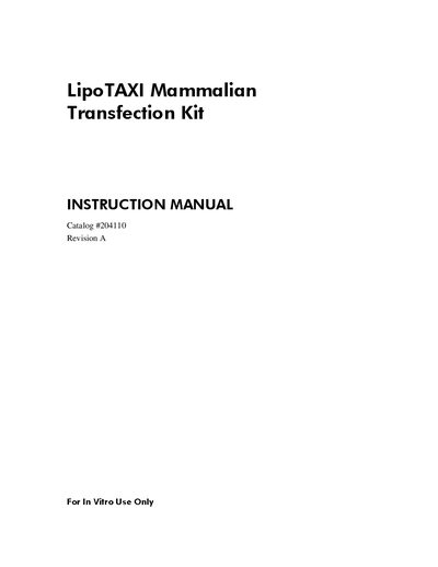 Agilent LipoTAXI Mammalian Transfection Kit Instruction Manual - cover page