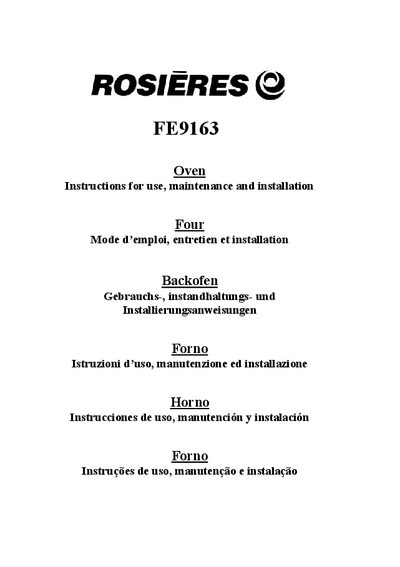 Rosieres FE9163 Oven User Manual - cover page