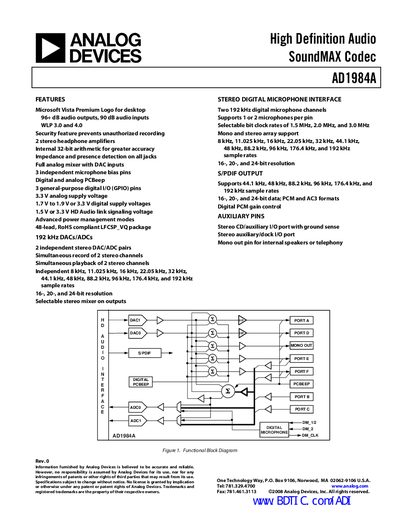 Analog Devices AD1984A Audio Codec Datasheet - cover page