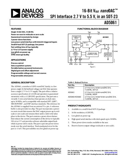 Analog Devices AD5061 16-bit nanoDAC Datasheet - cover page