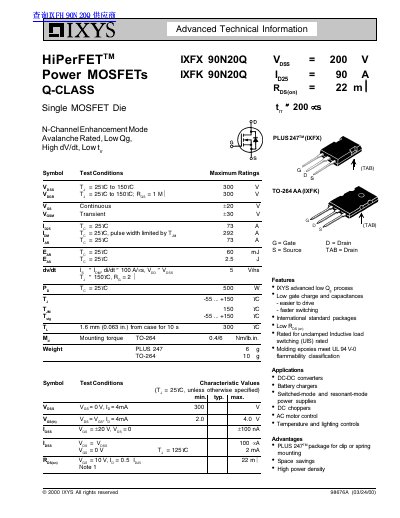 IXYS IXFX/IXFK 90N20Q MOSFET Datasheet - cover page