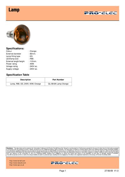 Pro-Elec QL-98-6A Orange R80 ES 40W 240V Lamp Datasheet - cover page