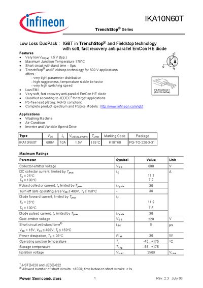 Infineon IKA10N60T IGBT Datasheet - cover page