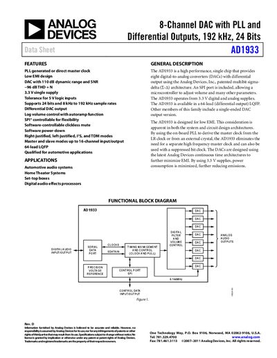 Analog Devices AD1933 Datasheet Rev D - cover page