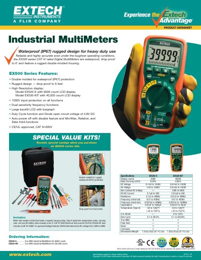 EXTECH EX500 Series Industrial MultiMeters Product Datasheet - cover page