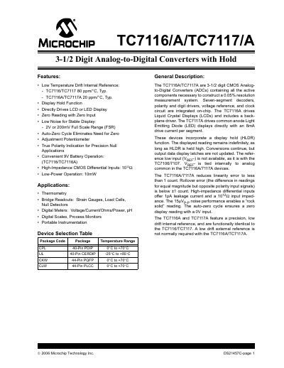 Microchip TC7116/A and TC7117/A Datasheet - cover page