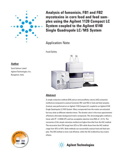 Agilent 1120/6140 System Analysis of Fumonisin FB1 and FB2 Application Note