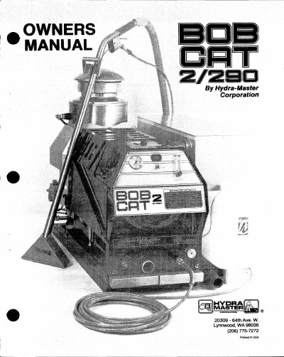 Hydra-Master Bob Cat 2/290 Carpet Cleaning Plant Owner's Manual - cover page