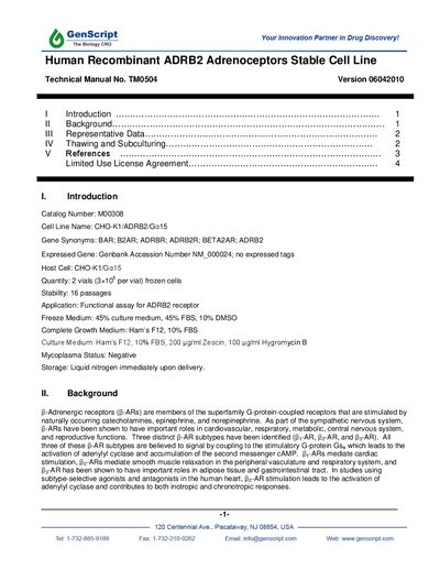 GenScript CHO-K1/ADRB2/Ga15 Cell Line Technical Manual - cover page
