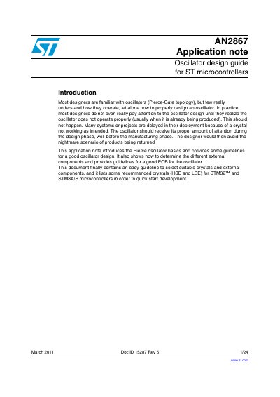 STMicroelectronics Oscillator Design Guide for STM32 and STM8A/S Microcontrollers - cover page