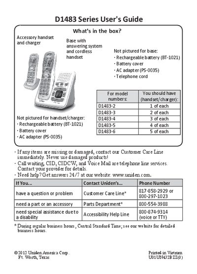 Uniden D1483 Series Cordless Phone User's Guide - cover page
