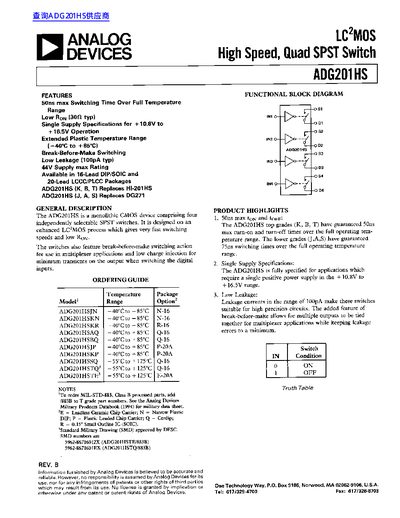 ANALOG DEVICES ADG201HS LC2MOS high speed quad SPST Switch handbook