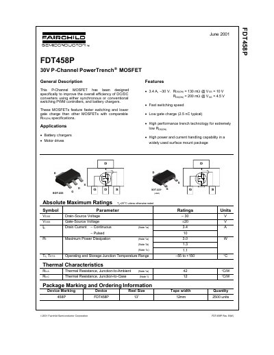 Fairchild FDT458P P-Channel PowerTrench MOSFET Datasheet - cover page