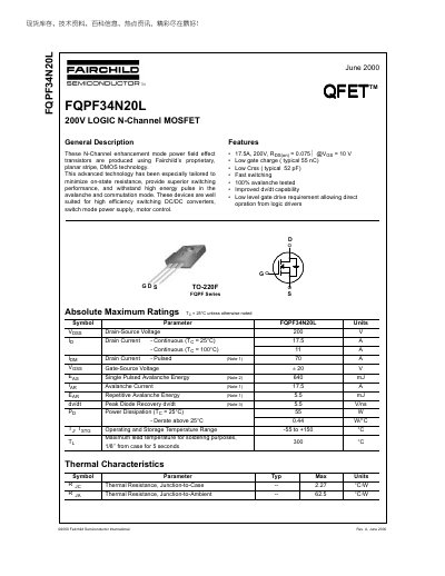 Fairchild FQPF34N20L N-Channel MOSFET Datasheet