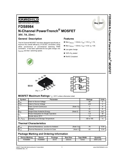 Fairchild FDS8984 N-Channel MOSFET Datasheet - cover page