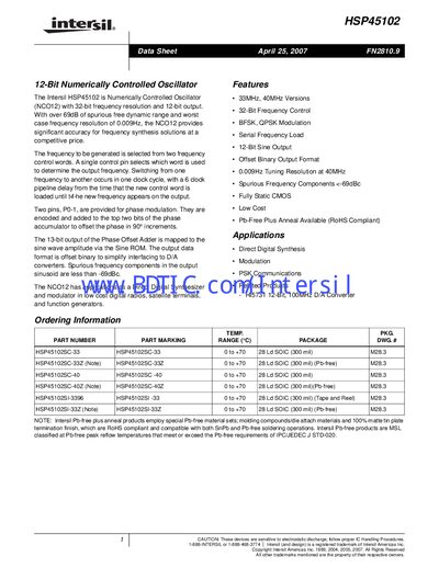 Intersil HSP45102 12-bit NCO Datasheet - cover page
