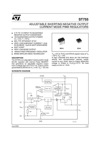STMicroelectronics ST755 Adjustable Inverting Negative Output PWM Regulator Datasheet - cover page