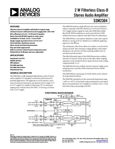 Analog Devices SSM2304 Class‑D Audio Amplifier Datasheet - cover page