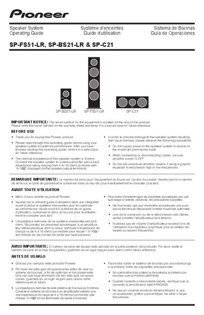 Pioneer SP-FS51-LR/SP-BS21-LR/SP-C21 Speaker System Operating Guide - cover page