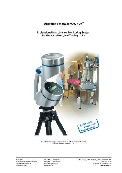 MBV MAS-100 Professional Microbial Air Monitoring System Operator's Manual