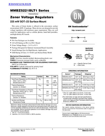 ON Semiconductor MMBZ5221BLT1 Series Zener Voltage Regulator Datasheet - cover page