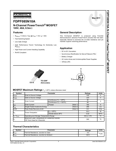 FAIRCHILD FDPF085N10A handbook - cover page