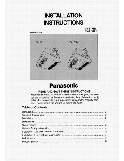 Panasonic FV-11VH1/FV-11VHL1 Ventilating Fan Installation and Maintenance Manual - cover page