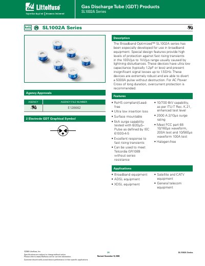Littelfuse SL1002A Series Gas Discharge Tube (GDT) Datasheet - cover page
