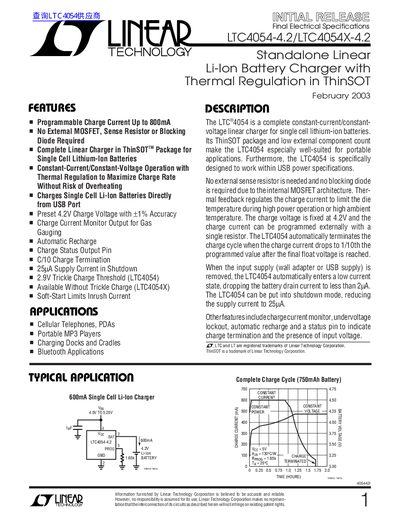 Linear Technology LTC4054-4.2/LTC4054X-4.2 Datasheet - cover page