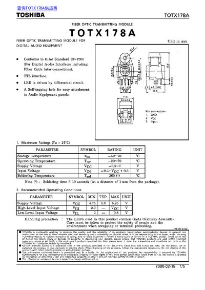 Toshiba TOTX178A Fiber Optic Transmitting Module Manual - cover page
