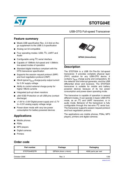 STMicroelectronics STOTG04E USB-OTG Full-speed Transceiver Datasheet