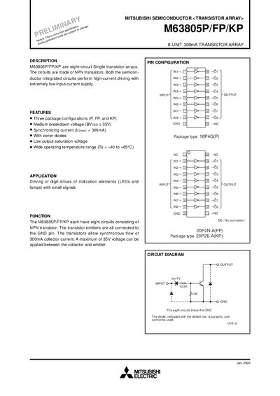 Mitsubishi M63805P/FP/KP Transistor Array Datasheet - cover page