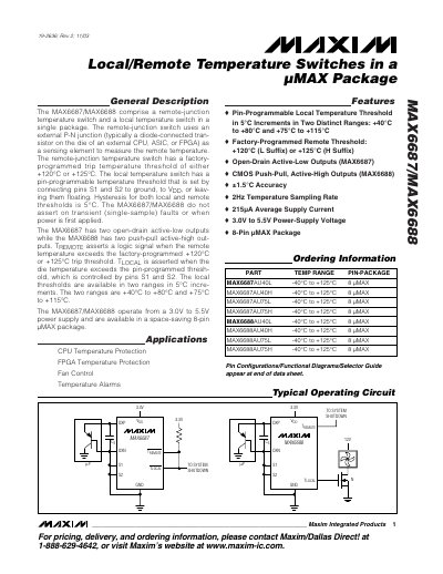 Maxim MAX6687/MAX6688 Remote/Local Temperature Switch Datasheet - cover page