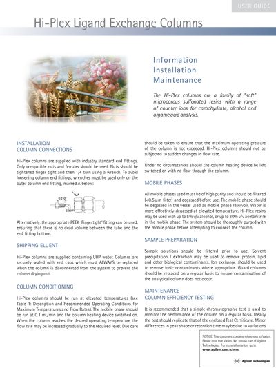Agilent Hi-Plex Ligand Exchange Columns Installation and Maintenance Guide - cover page